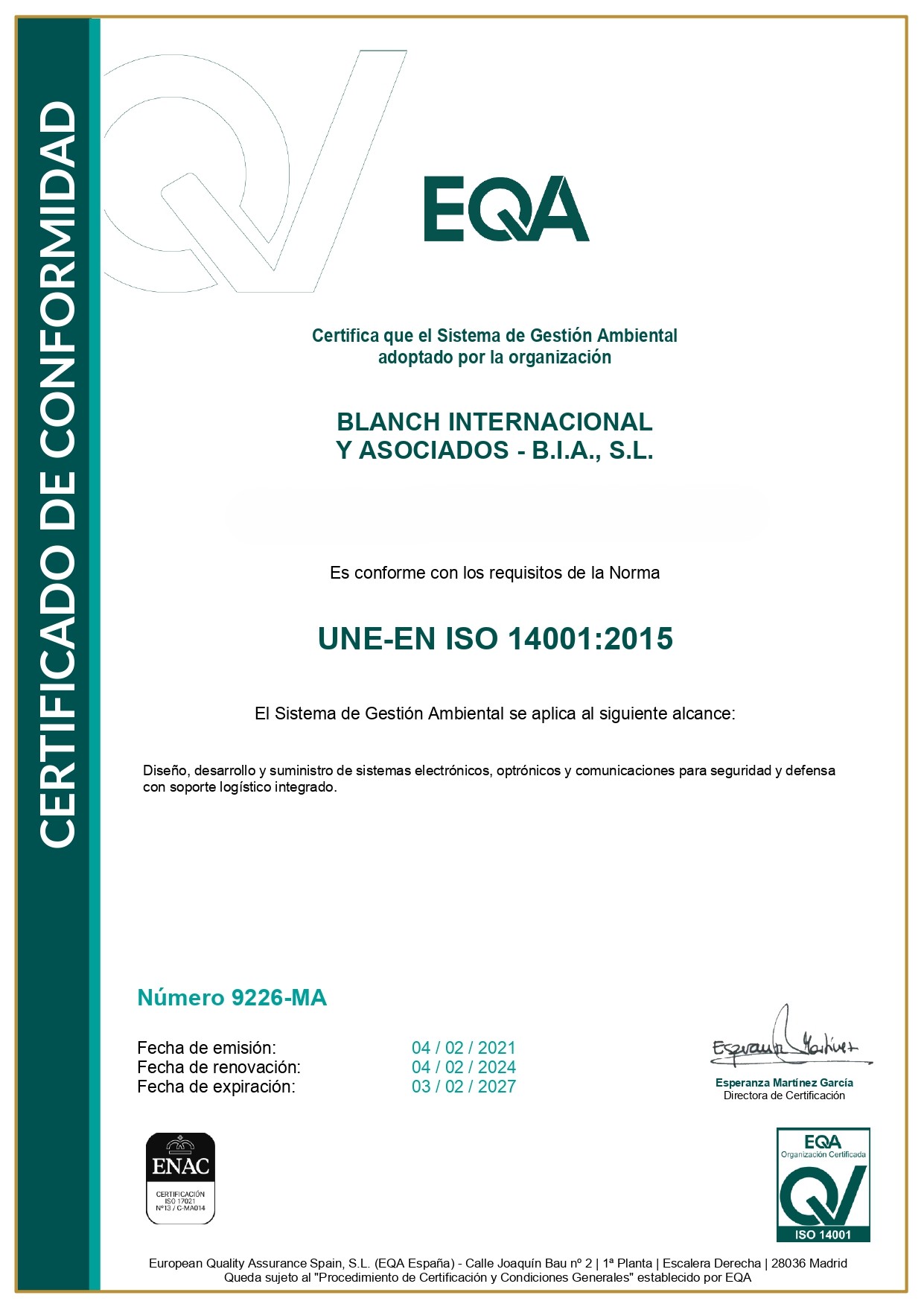 9226 BIA 14001 2015 2024